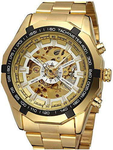 FANMIS Klassische Herren-Skelett-Automatikuhr, mechanische Uhren, luxuriös, geschnitzt, Blumen-Handwerk-Uhr mit Edelstahl-Armband, wasserdichte Armbanduhr, Ein Gold, Automatikuhr