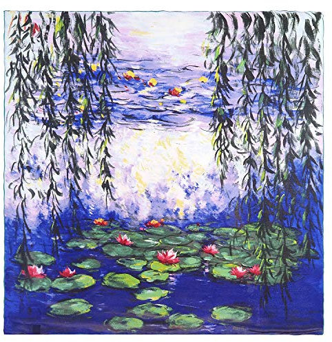 Aqueena Seidenschals für Damen, quadratischer Seidenschal für Haare, 100% reine Seide, Kopftuch für Frauen, handrollende Kante, 89,9 x 89,9 cm, Claude Monets Seerosen, 35''x35''