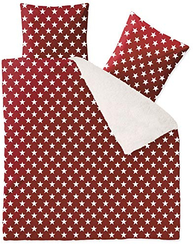 CelinaTex Fantasia Bettwäsche 200 x 200 cm 3teilig Nicki Bettbezug Sherpa Lammfell-Optik Bezug Stella rot weiß beige