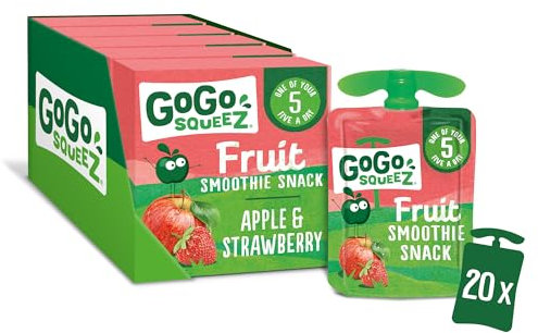 GoGo squeeZ Fruit Smoothie Snack, Apple Strawberry,100% Real Fruit Blend, 20 x 90g Pouches, Snack for Kids & Adults, Gluten-Free, Vegan, No Added Sugar, School Lunchbox Friendly, On-the-Go Snacking
