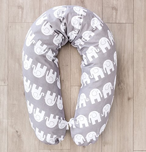 LOOLAY® Bezug für Stillkissen XXL Baby Lagerungskissen Seitenschläferkissen 170cm Muster: Elefant grau