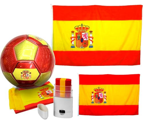 EUROXANTY Lote de la Selección Española | Bandera de España 90x150cm | Bandera España 90x60 cm | Pintura de Cara | Pelota | Bufanda