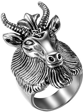 JewelryWe Schmuck Biker Herren-Ring Edelstahl Satan Verehrung Baphomet RAM Widder Sternzeichen Schaf Ziege Kopf Horn Ring Silber - Größe 57