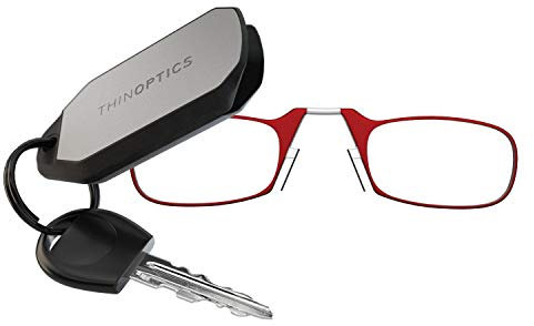 ThinOptics Lesebrille 1.00 rote Rahmen mit Schlüsselanhängeretui – kompakte faltbare rechteckige Brille – aufsteckbare Nase – Stärke 1,00 mit Flex-Fit-Technologie