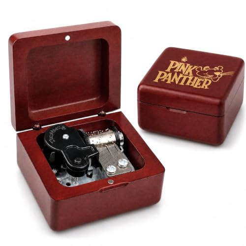 Sinzyo Music Box Vintage Wood Carved Mechanism Musical Boxs Gift For Birthday Valentine's Day Christmas Day(Pink Panther -Wine Red Box)