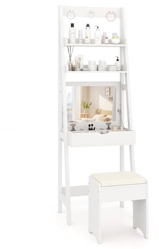 COSTWAY Schminktisch mit Hocker, 3 in 1 Frisiertisch in Leiterform mit Klappspiegel, Kosmetiktisch mit 2 Ablagen & 3 Haken, Make up Tisch weiß für Schlafzimmer, 60 x 40 x 180 cm