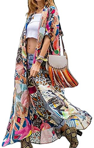 LikeJump Women's Long Floral Kimono Dressing Gown Beach Bikini Cover-Ups Maxi Dress Plus Size Summer Robe