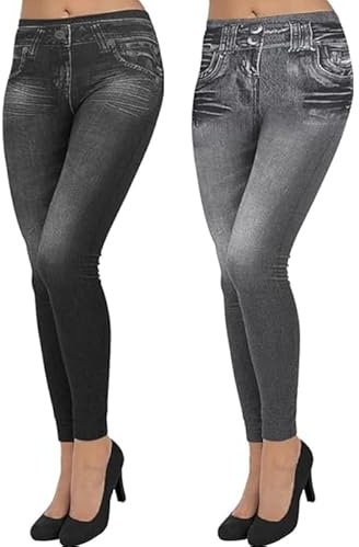ShopINess 2 Jeggings Femme Couleurs Mélangées Leggings Effet Jean avec Poches Push Up et Intérieur Doux Pantalons Ajustés