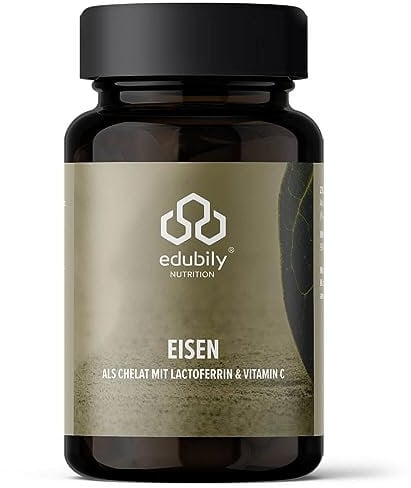 edubily nutrition® Eisen mit Lactoferrin. Eisentabletten hochdosiert mit Lactoferrin & Vitamin C aus Acerola-Extrakt. 90 leicht zu schluckende Kapseln im Braunglas.