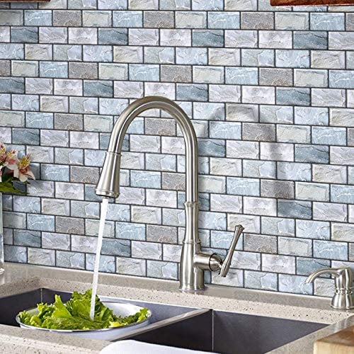 HyFanStr Thickened Self Adhesive Wall Tiles Kitchen Backsplash, Waterproof Stick, 3D Peel and Stick Bathroom Subway Tiles (10, Marble Blue)