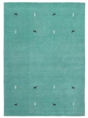 carpetfine Wollteppich Gabbeh Uni Türkis 120x170 cm | Moderner Teppich für Wohn- und Schlafzimmer