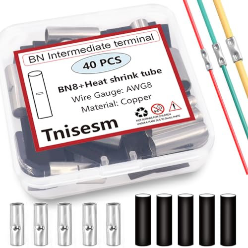 Tnisesm 20 Pcs 8 AWG Gauge Non Insulated Butt Connectors, Butt Splice Wire Connectors, Electrical Wire Seamless Uninsulated Butt Connectors Crimp Ferrule Terminals BN8