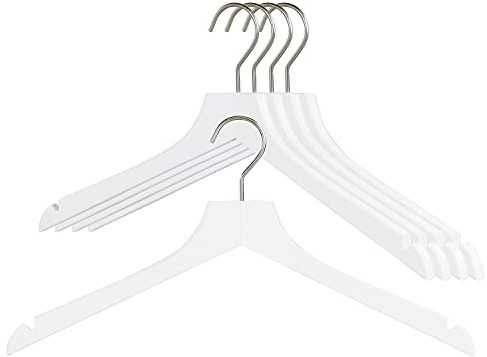 MAWA by Reston Lloyd, European Wooden Hanger, Beech Wood Straight Hanger with Shoulder Notches, Rotating Chrome Hook, White Finish, for Shirts, Blazers, Dress Clothes, Set of 5 (26135)