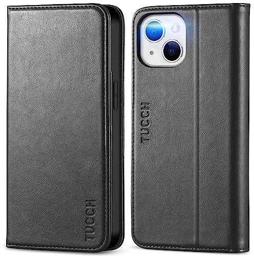 TUCCH Funda para iPhone 13 y 5G, Funda para iPhone 13, Diseño de Muleta, Ranuras para Tarjetas, Antigolpes, Poliuretano Termoplástico y Tapa de Piel Sintética Premium para iPhone 13 de 6,1 Negro