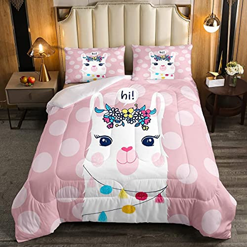 Loussiesd Schön Alpaka Bettdecke 155x220cm Kinder Mädchen Karikatur Tiere Steppbett Alpaka Drucken Rosa Mädchen Frauen Tupfendekoration 4-Jahreszeiten Bettdecke Super weich Mikrofaser