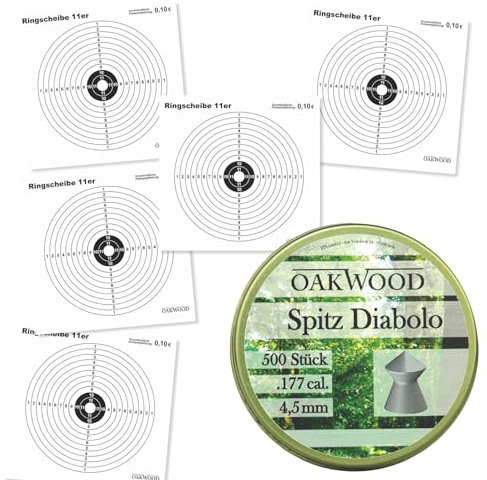 OAKWOOD Set 50 Zielscheiben 14x14cm + 500 Diabolos 4,5mm Spitzkopf oder Flachkopf nach Wahl mit Kugelfang Trichter Verschiedene Varianten für Luftgewehr und Luftpistole (ZS. Ring + Diabo. Spitz)