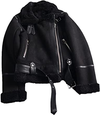 Hinewsa Dicke, warme Lammjacke für Damen, kurze Motorradjacke, braun, Kunstfell, Schaffell, Lederjacken, Oberbekleidung, Schwarz , S