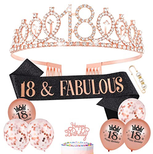 Popuppe 18th Birthday Gifts for Girls, Rose Gold Tiara,18 & Fabulous Sash Balloons Cake Topper for Birthday Party Decorations Supplies (Rose Black)