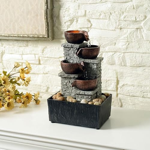 Kalona 4-Tier Cascading Bowl Fountains Indoor Waterfall Fountain Relaxation/Meditation Tabletop Fountain Artistic Peaceful Desk Fountains with Reflective Lighting/Rocks Home/Office Decoration(21132B)