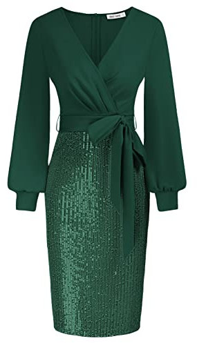 GRACE KARIN Womens Midi Evening Dress Long Sleeve V-Neck Formal Bodycon Sequins Cocktail Dresses Dark Green XXL