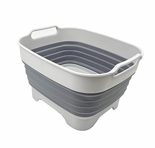 SAMMART 7.5L Collapsible Dishpan with Draining Plug - Foldable Washing Basin - Portable Dish Washing Tub - Space Saving Kitchen Storage Tub (Gray)