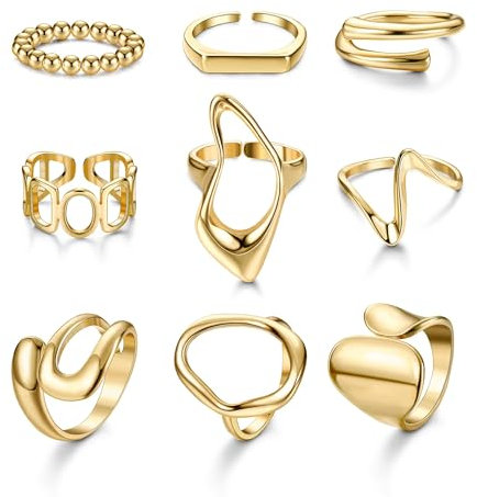 JeryWe 9 Stücke Damen Punk Ring Verstellbar Stapelringe Fingerringe Breiter Offene Stapelbare Kuppelring Set Unregelmäßige Geometrische Chunky Ringe Gold