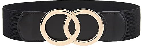 Weenkeey Damen Elastischer Taillengürtel Vintage Breiter Hüftgürtel Mode Ledergürte mit Runde Schnalle für Kleid Hemden Mantel - Schwarz
