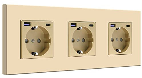 BSEED Enchufe de pared con USB y Tipo C,Oro 16Amp Schuko Enchufe Triple on Panel de Plastico,toma de corriente con cargadores USB-Max.2.1A,20W Cargador USB C