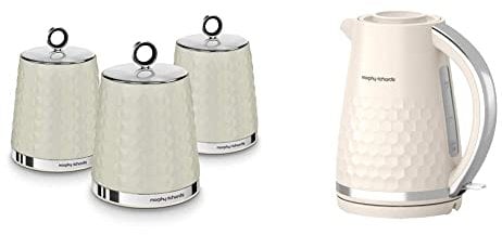 Morphy Richards 978055 Dimensions Set of 3 Round Kitchen Storage Canisters, Ivory Cream, One Size & 108272 Hive Kettle Cream