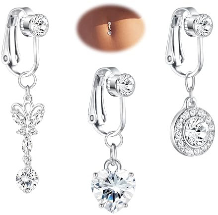 CASSIECA 3 Stück Fake Bauchnabelpiercing für Damen Frauen Bauchnabelpiercing Silber Bauchnabelpiercing Schmetterling Herz Mond Clip On Bauchnabelpiercing