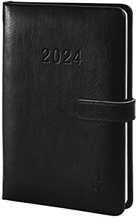 Chronoplan 50824 Buchkalender Kalendarium 2024 (Terminplaner A6 (95x145mm) Hardcover aus hochwertigem Lederimitat, Wochenplaner, 1 Woche auf 2 Seiten, inkl. Magnetverschluss, Stiftehalter) schwarz