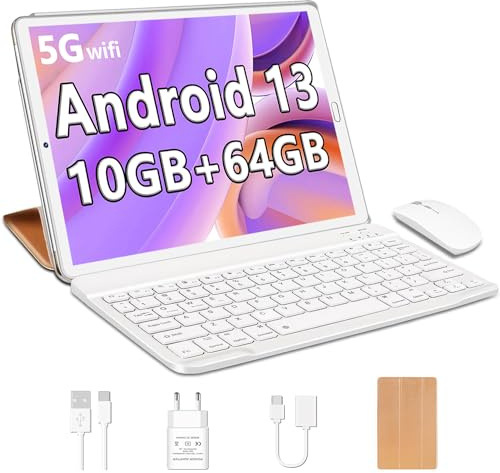 YESTEL Tablette Tactile Android 13 avec 5G WiFi, 10 Go RAM 64 Go ROM (1 to Extensible), Tablette 10 Pouces avec Clavier et Souris et Cas, 8 Core 2.0 GHz, GPS, 6000mAh, Bluetooth 5.0, Or Rose