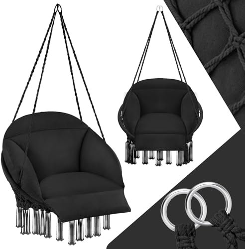 tectake® Fauteuil Suspendu Relax Design Intérieur & extérieur, Fauteuil Relax, Fauteuil de Lecture Cocooning 1 Place, Coussin Chaise XXL Moelleux Inclus - Noir