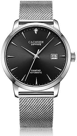 FINNIAN CADISEN Automatik Uhr Herren Mechanische Automatikuhr Echtes wasserdichte für Männer Business vielseitig (Schwarzer Netzgürtel)