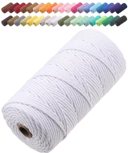 GOHOF Macrame Cord 3mm x 150m Premium Cotton Macrame Rope, 4 Strand Twisted Soft Cotton Cord, One of The Most Perfect Materials for Macrame Art, Cotton String Without Chemicals (White)
