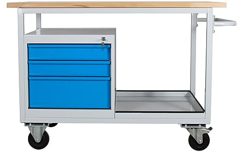 PROREGAL Light Rhino Établi mobile avec compartiment de rangement + 3 tiroirs - H x l x P : 85 x 130 x 60 cm - 2 roulettes pivotantes (avec frein) et 2 roulettes fixes - Gris clair/bleu clair