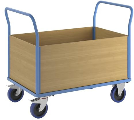eurokraft | Plattformwagen mit Holzwänden | Vollelastik-Rollen | 4 hohe Wände | Ladeflächen-LxB 1195 x 745 mm