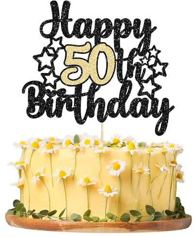 Gyufise 1 Pc Black Gold Glitter Happy 50th Birthday Cake Topper for 50 & Fabulous Birthday Supplies