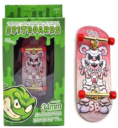 SPITBOARDS 34mm x 96mm Pro Fingerboard Set-Up (Complete) | Real Wood Deck | Pro Trucks with Lock-Nuts and Pro Bushings | Polyurethane Pro Wheels with Bearings | Hahaha Clown