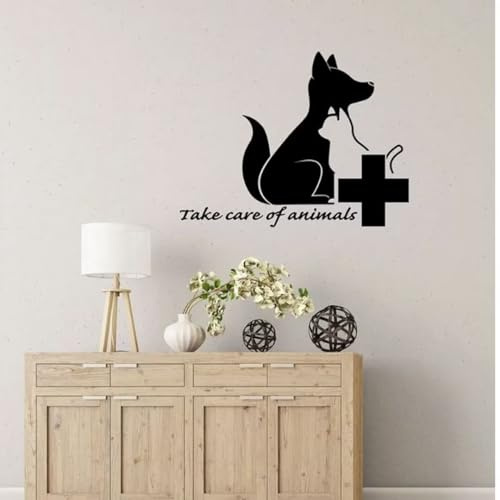Wandtattoo Katze und Hund Take Care of Animals Zitat Tierklinik Logo Innendekoration Vinyl Fensteraufkleber Haustiere Wandbild 42 x 55 cm