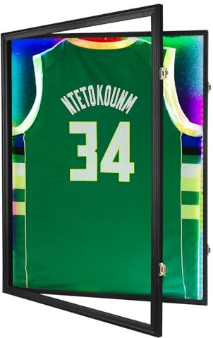 IHEIPYE LED-Fach-Vitrine - Shadow Box mit 98% UV-beständigem Acryl, Schwarzes Schloss, Licht für Fußball-, Baseball- und Basketballtrikot