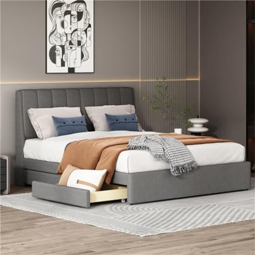 Tcewhhy Polsterbett 140x200 cm Mit Schubladen Doppelbett Mit Lattenrost Und Rückenlehne Leinenbett Jugendbett Für Erwachsene Jugendliche Stauraumbett Gästebett Grau