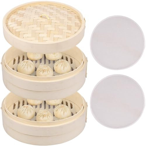 Cuiseur vapeur en bambou - 25 cm - Traditionnel - Avec chiffons en coton - Pour riz, dim, sum, légumes, poisson, viande, etc. (2 couches)
