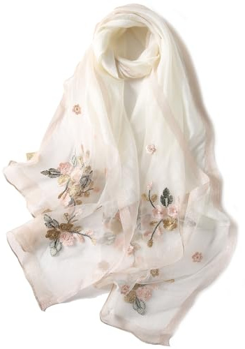 Anvevkn Damen Seiden Schal Bestickt Leichter Schal Tuch für Hochzeiten, Elegantes Braut & Abendmode-Tuch (C-weiß)
