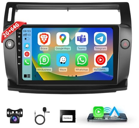 Podofo Carplay Radio de Coche para Citroen C4 (2004-2009), Radio de Coche con Pantalla táctil de 9 2G+64G con Carplay inalámbrico Android Auto, Bluetooth/GPS/WiFi/FM/RDS/HiFi/USB