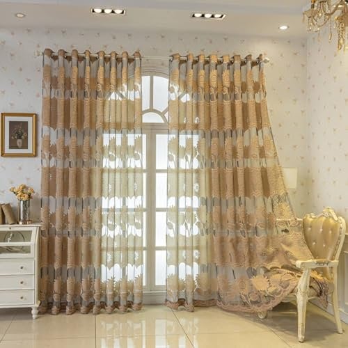 Daesar Vorhänge Lichtdurchlässig mit Ösen 132x229CM, Grau Braun Vorhänge 2er Set Landhausstil mit Sonnenblumen Motiv Gardinen Halbtransparent Schlafzimmer Wohnzimmer Küche