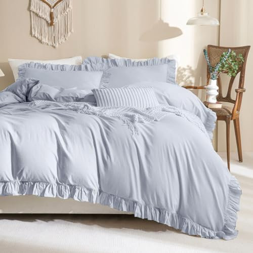 QSH Bettwäscheset aus gewaschener Baumwolle, Rüschen, King-Size-Größe, 3-teilig, Kornblumenblau, Landhausstil, Vintage-Stil, Shabby-Design, Leinengefühl, französisches Landhaus, rustikales