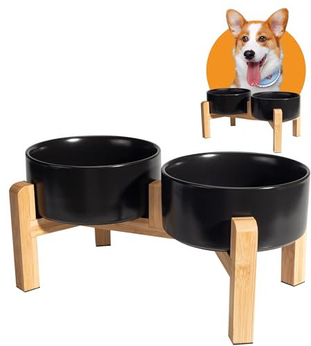 Gamelle pour Chien Surélevée Ceramique - Double Gamelle Chien Surelevee avec Support en Bambou - Set de Bol Chein pour Nourriture et Eau - Gamelles pour Chiens de Petite et Moyenne Taille - 2 x 850 ml