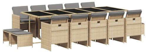 vidaXL Garten Essgruppe 15-TLG., Gartenmöbel Set mit Kissen, Gartengarnitur Tisch 10 Stühle 4 Hocker, Sitzgruppe Sitzgarnitur, Beigemischung Poly Rattan