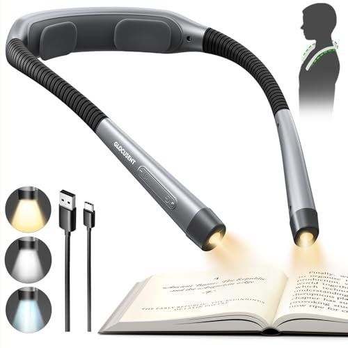 Glocusent Rechargeable Reading Light, 1600mAh Book Light - 3 Colors & 5 Stepless Brightness, Neck Light with Timers & Sleep Aid, Travel Lock, Ergonomic Design, Perfect for Reading, Knitting & Craft
